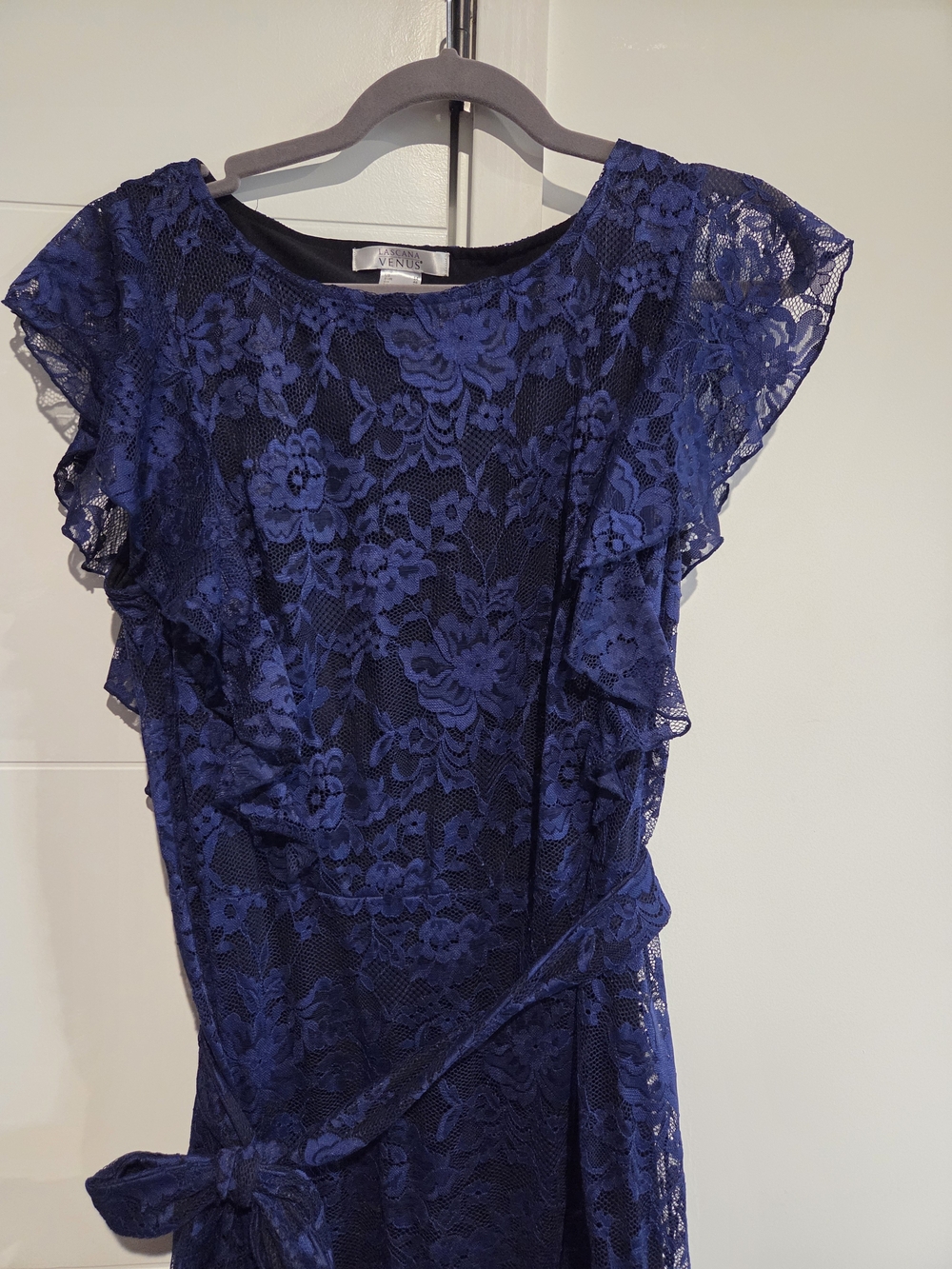 VENUS Blue Lace Midi Dress with Flutter Sleeves